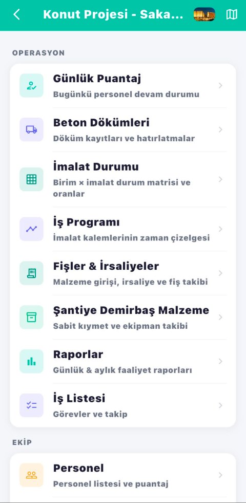 FieldApp şantiye panosu: puantaj, beton dökümü, imalat durumu modülleri