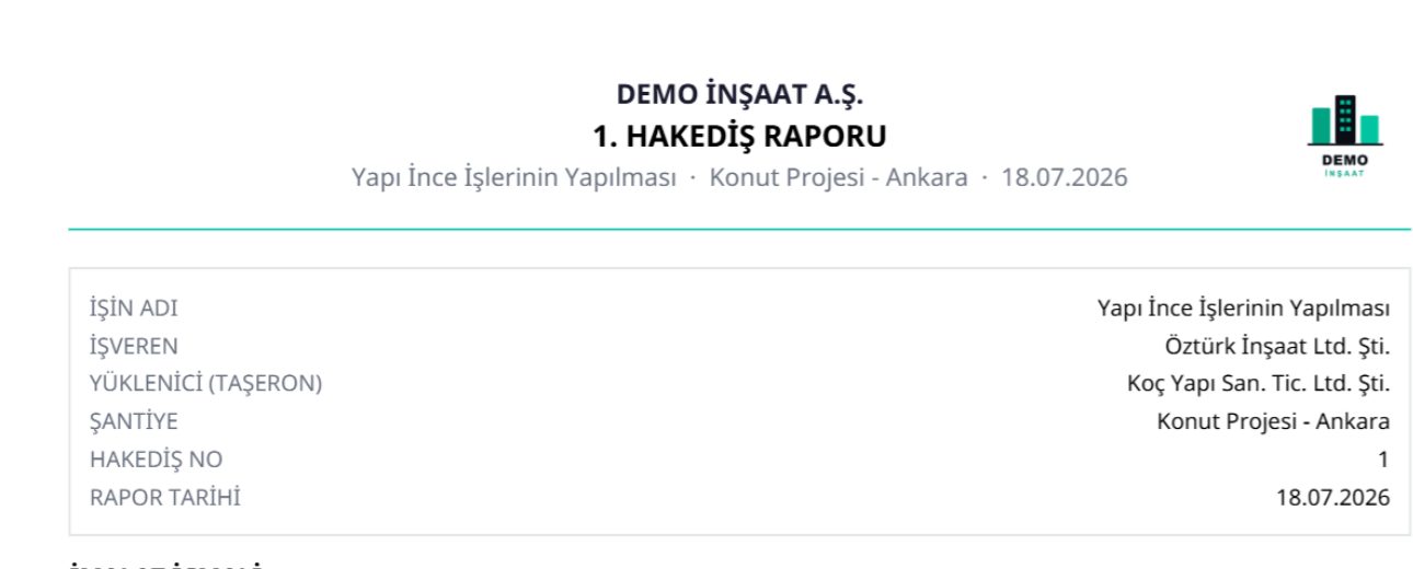 Hakediş raporu — FieldApp örnek çıktı